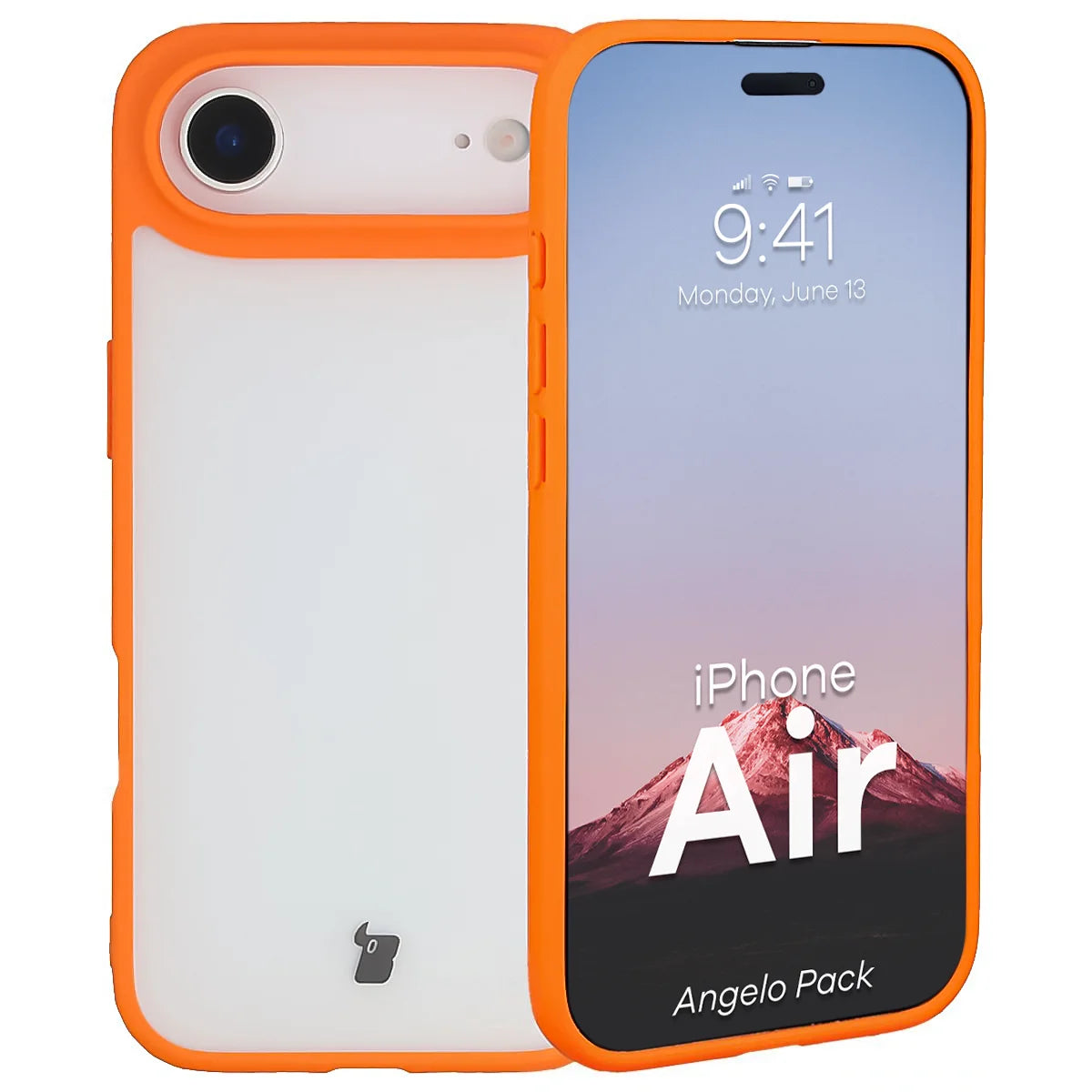 Schutzhülle + gehärtetem Glas für iPhone Air, Bizon Angelo Pack, Semitransparent mit orangefarbenem Rahmen