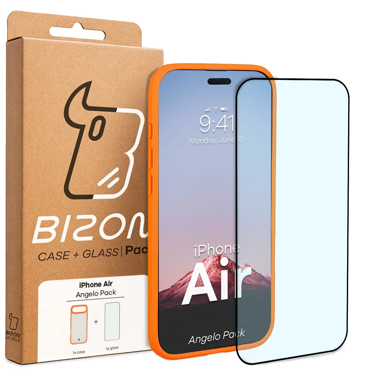 Schutzhülle + gehärtetem Glas für iPhone Air, Bizon Angelo Pack, Semitransparent mit orangefarbenem Rahmen