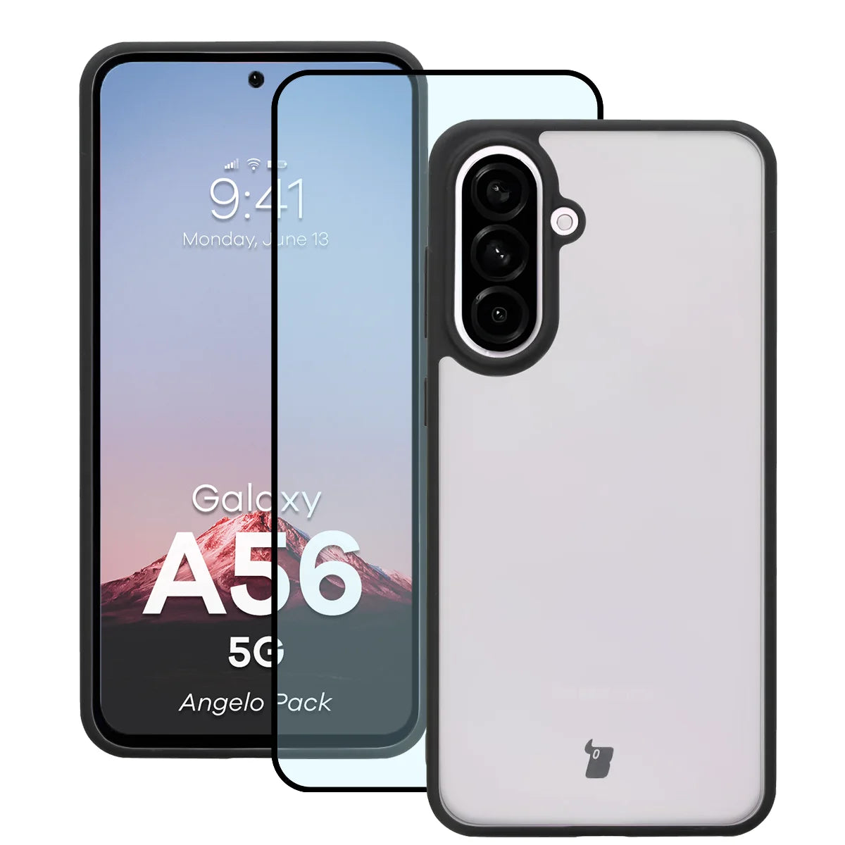 Schutzhülle + gehärtetem Glas für Galaxy A56 5G, Bizon Angelo Pack, Getönte mit schwarzem Rahmen