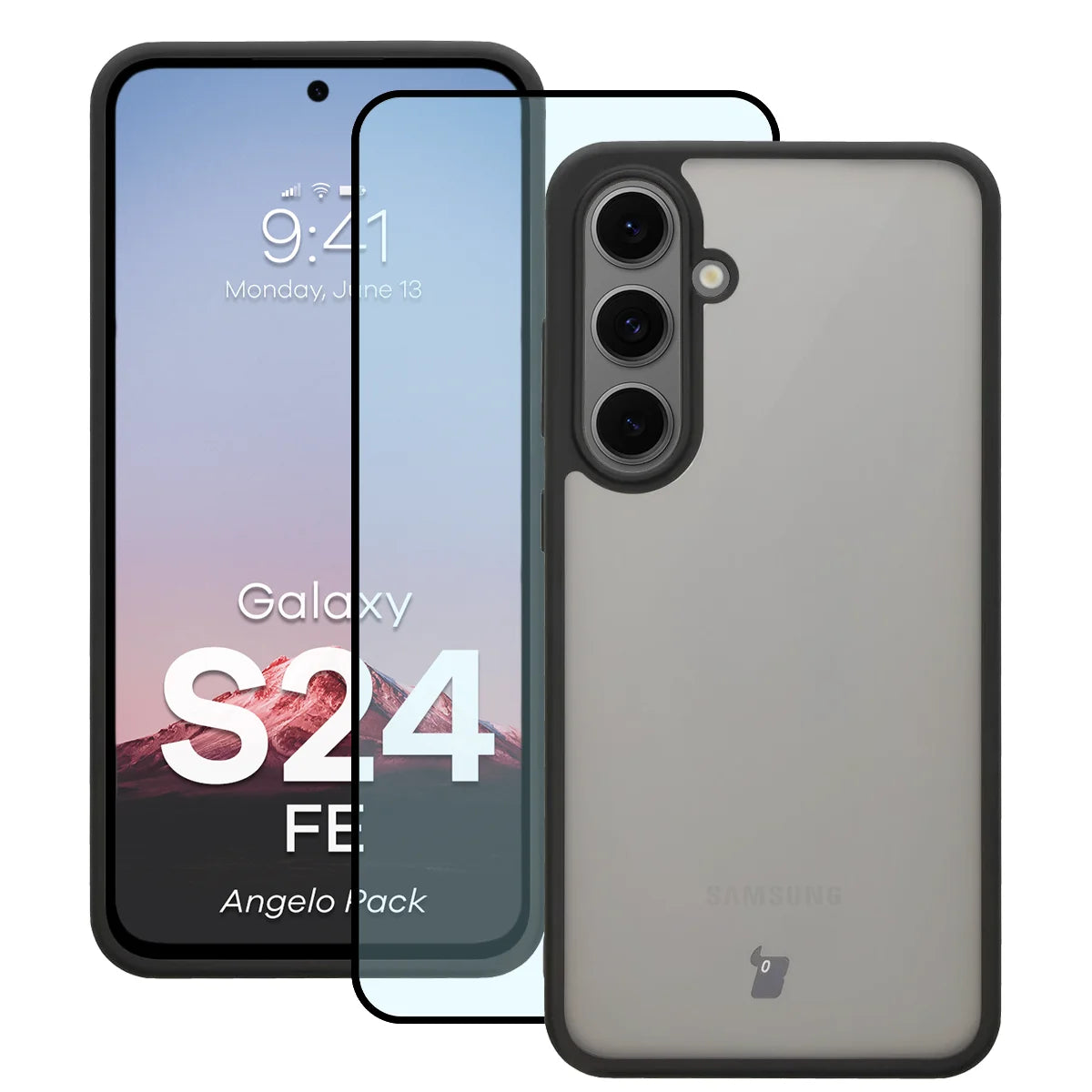 Schutzhülle + gehärtetem Glas für Galaxy S24 FE, Bizon Angelo Pack, Getönte mit schwarzem Rahmen
