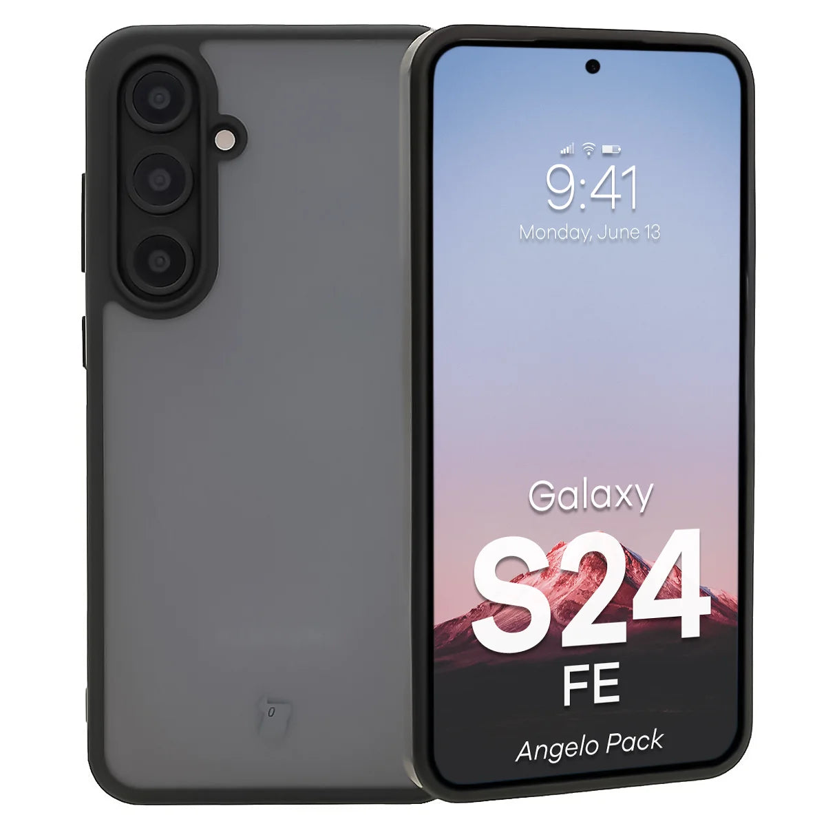 Schutzhülle + gehärtetem Glas für Galaxy S24 FE, Bizon Angelo Pack, Getönte mit schwarzem Rahmen