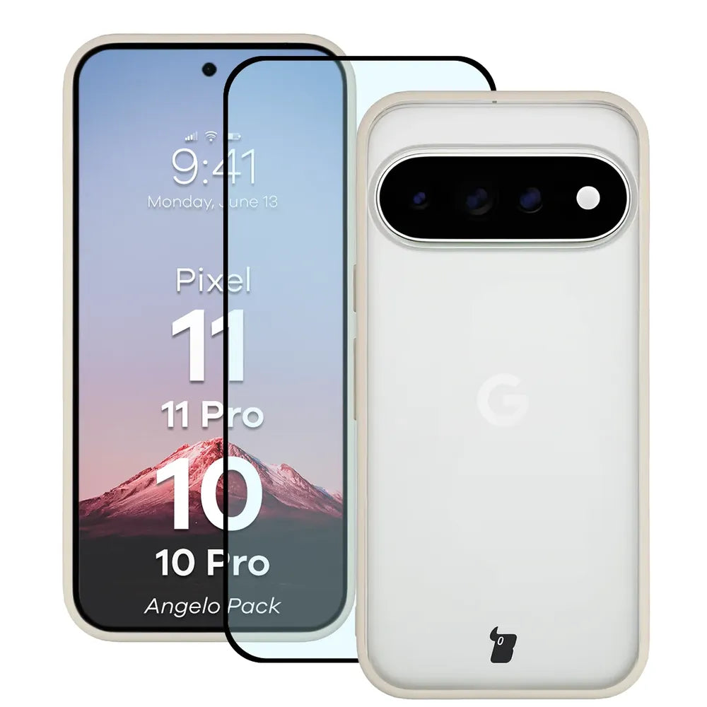 Schutzhülle + gehärtetem Glas für Google Pixel 11 / 11 Pro / 10 / 10 Pro, Bizon Angelo Pack, Semitransparent mit beigem Rahmen (1/8)