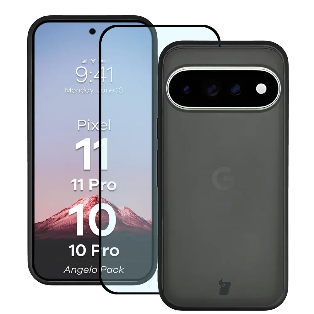Schutzhülle + gehärtetem Glas für Google Pixel 11 / 11 Pro / 10 / 10 Pro, Bizon Angelo Pack, Getönte mit schwarzem Rahmen (1/8)