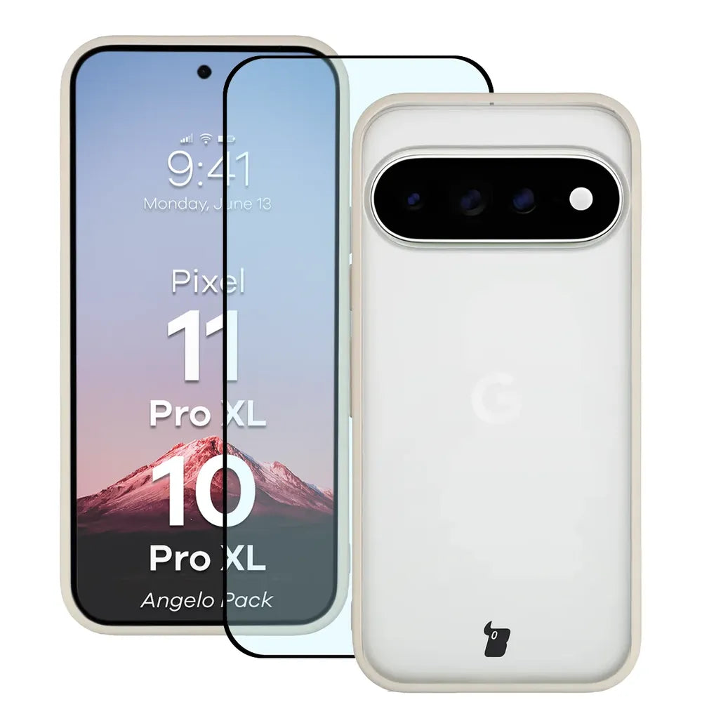Schutzhülle + gehärtetem Glas für Google Pixel 11 Pro XL / 10 Pro XL, Bizon Angelo Pack, Semitransparent mit beigem Rahmen (1/8)