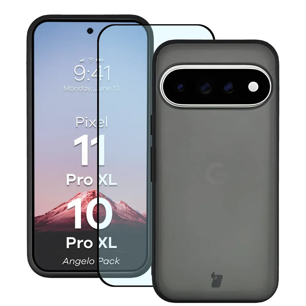 Schutzhülle + gehärtetem Glas für Google Pixel 11 Pro XL / 10 Pro XL, Bizon Angelo Pack, Getönte mit schwarzem Rahmen (1/8)