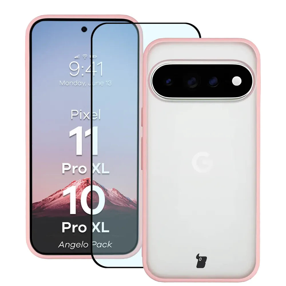 Schutzhülle + gehärtetem Glas für Google Pixel 11 Pro XL / 10 Pro XL, Bizon Angelo Pack, Semitransparent mit hellrosem Rahmen (1/8)