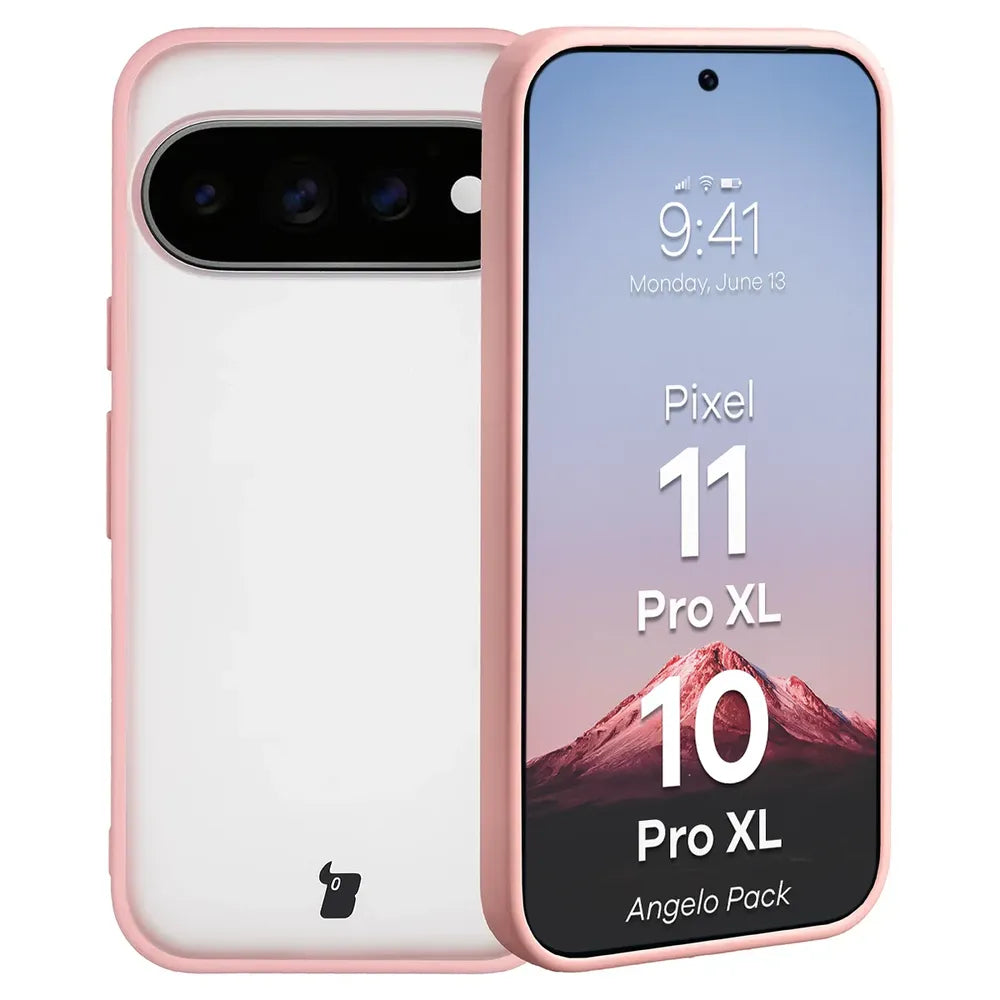 Schutzhülle + gehärtetem Glas für Google Pixel 11 Pro XL / 10 Pro XL, Bizon Angelo Pack, Semitransparent mit hellrosem Rahmen (3/8)