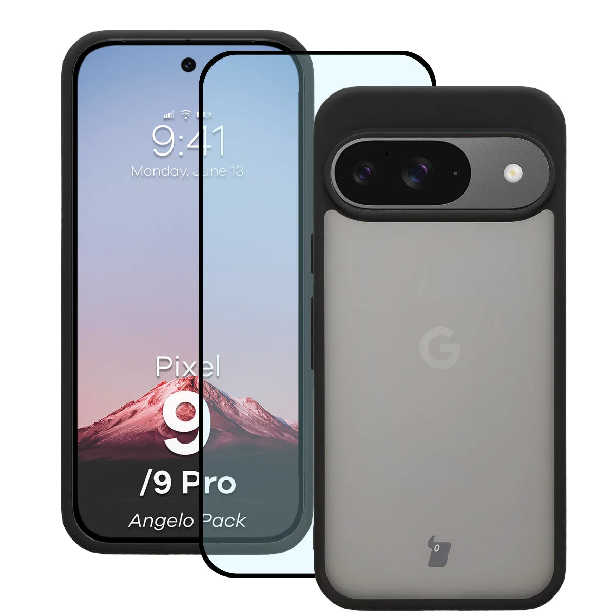 Schutzhülle + gehärtetem Glas Bizon Angelo Pack für Google Pixel 9 / 9 Pro, Getönte mit schwarzem Rahmen