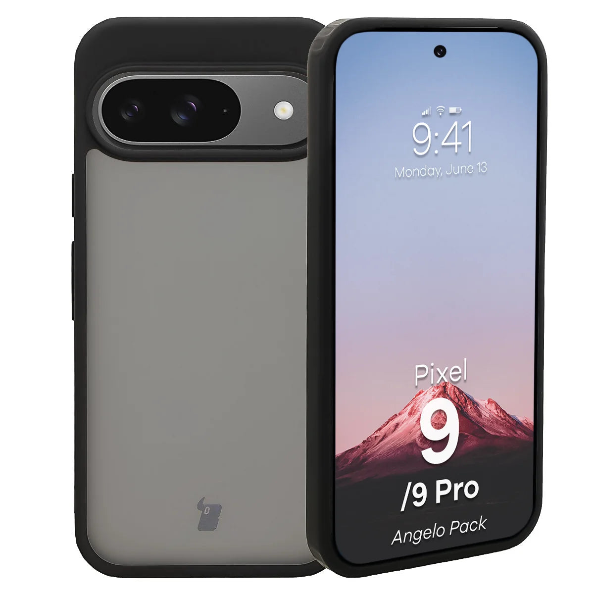 Schutzhülle + gehärtetem Glas Bizon Angelo Pack für Google Pixel 9 / 9 Pro, Getönte mit schwarzem Rahmen
