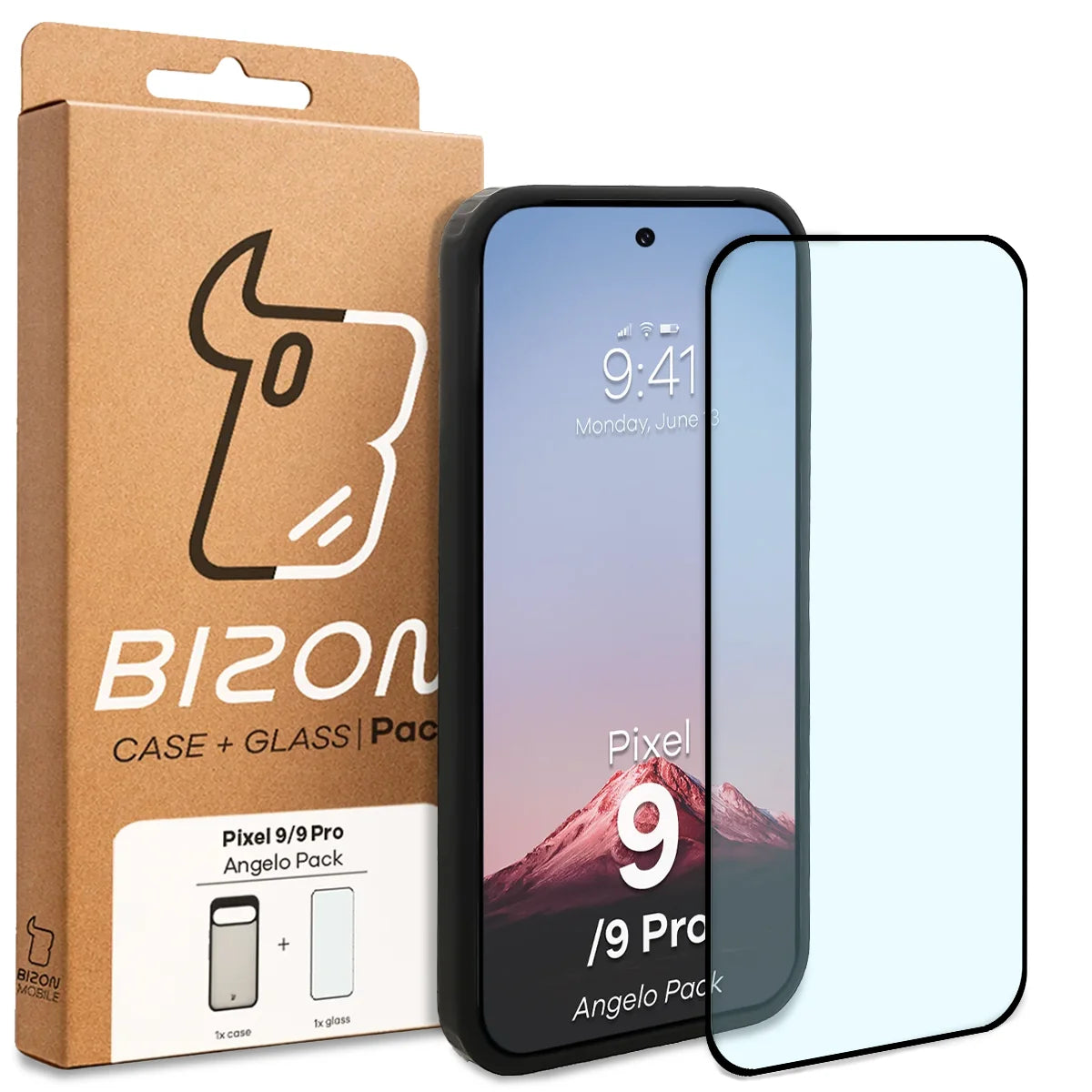 Schutzhülle + gehärtetem Glas Bizon Angelo Pack für Google Pixel 9 / 9 Pro, Getönte mit schwarzem Rahmen