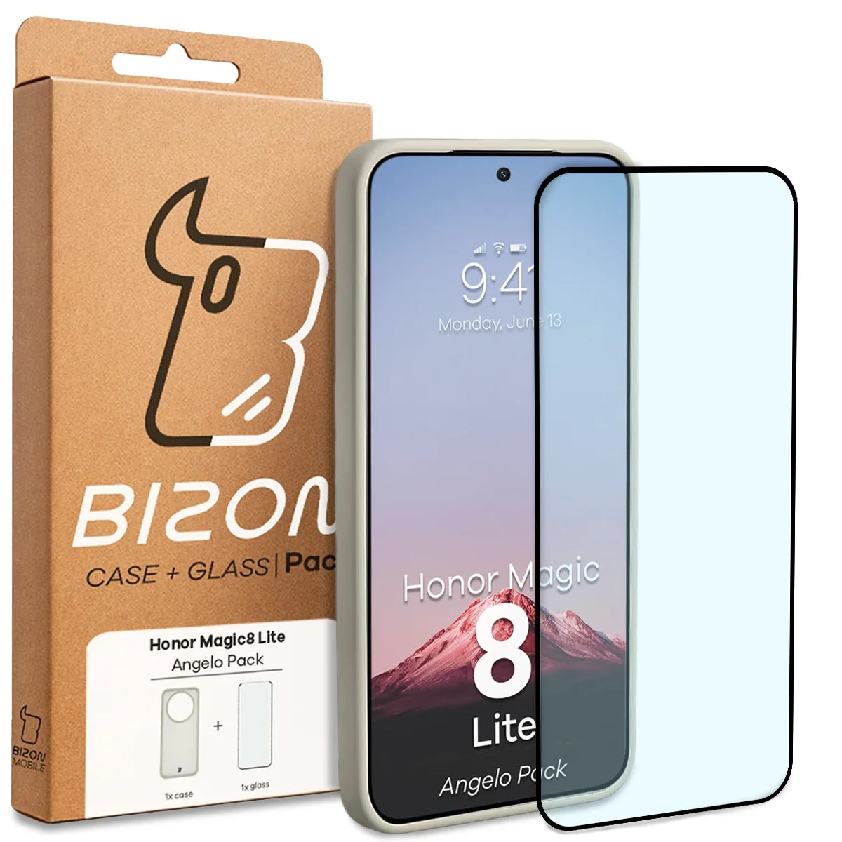 Schutzhülle + gehärtetem Glas für Honor Magic8 Lite, Bizon Angelo Pack, Semitransparent mit beigem Rahmen