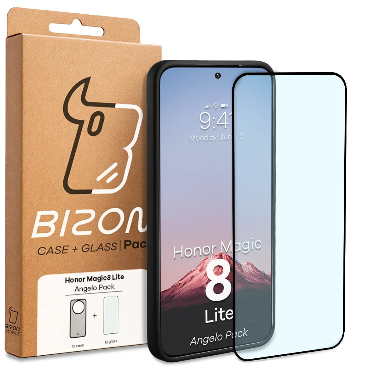 Schutzhülle + gehärtetem Glas Bizon Angelo Pack für Honor Magic8 Lite, Getönte mit schwarzem Rahmen