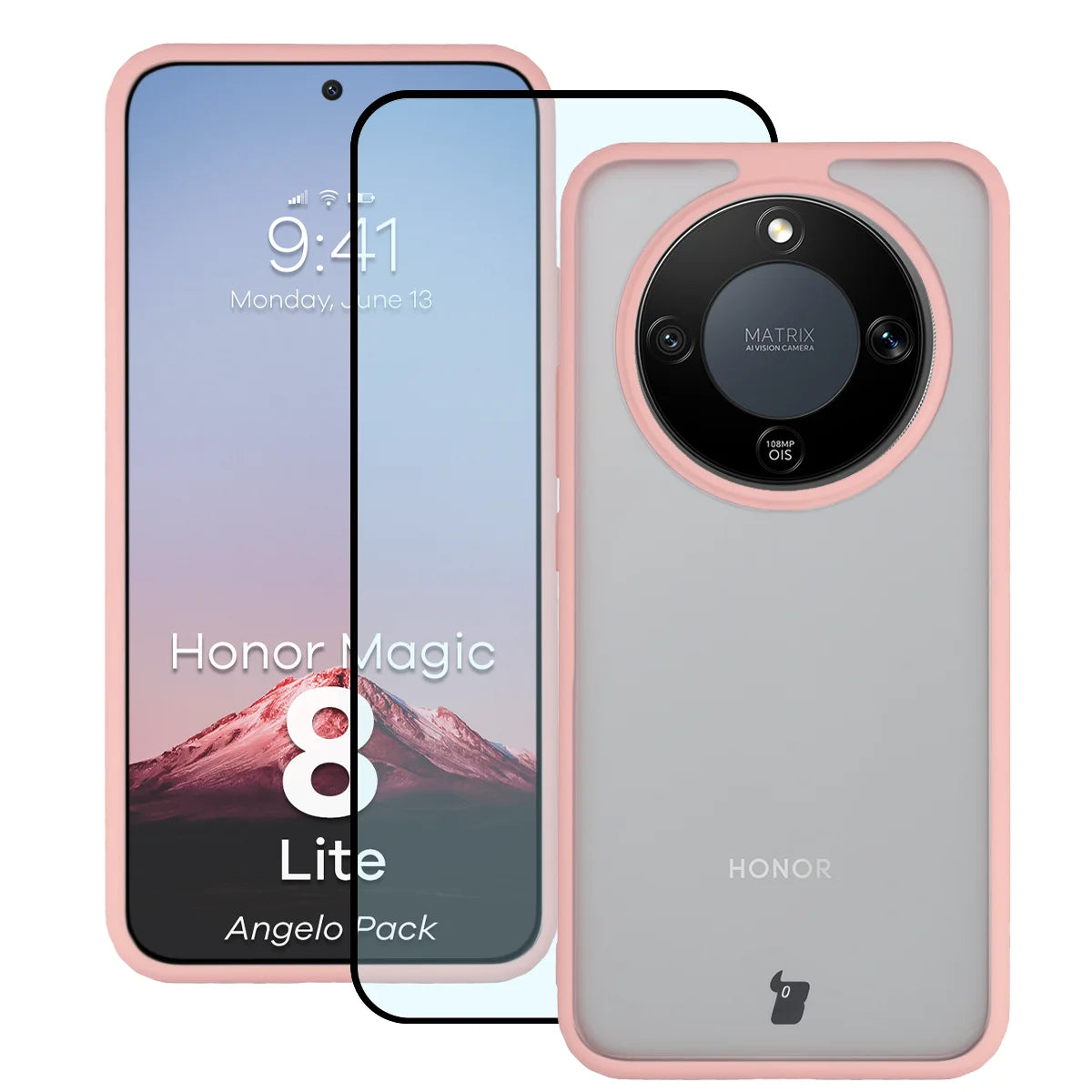 Schutzhülle + gehärtetem Glas für Honor Magic8 Lite, Bizon Angelo Pack, Semitransparent mit hellrosem Rahmen