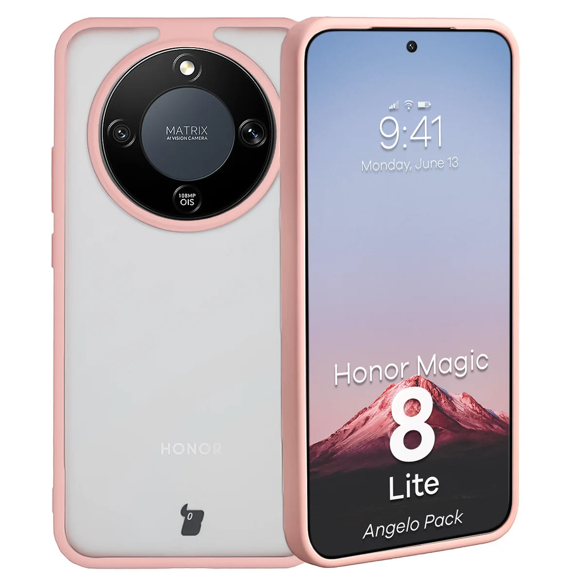 Schutzhülle + gehärtetem Glas für Honor Magic8 Lite, Bizon Angelo Pack, Semitransparent mit hellrosem Rahmen