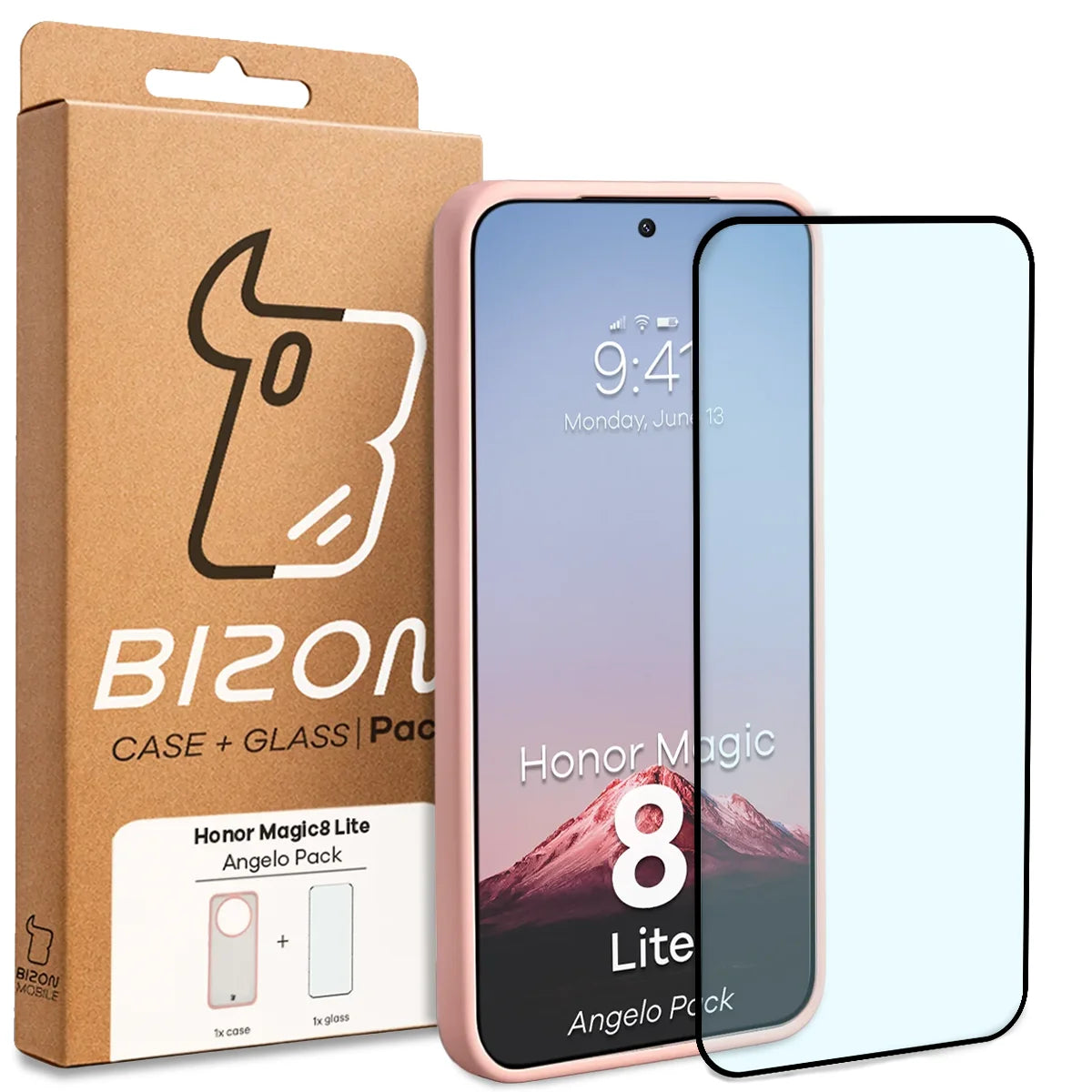 Schutzhülle + gehärtetem Glas für Honor Magic8 Lite, Bizon Angelo Pack, Semitransparent mit hellrosem Rahmen