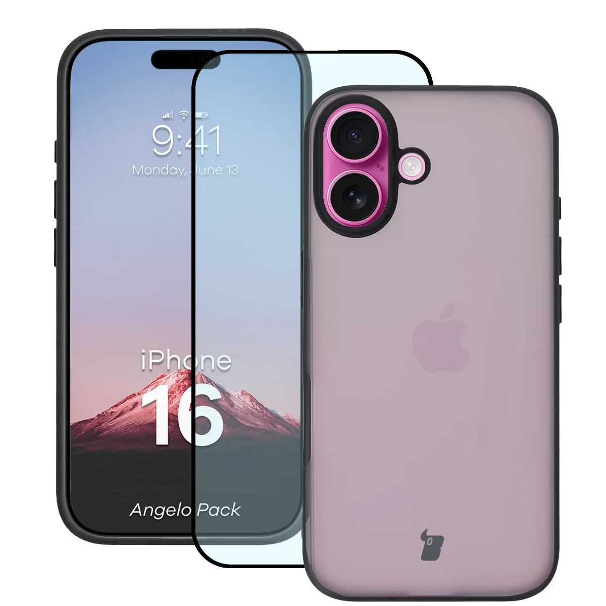Schutzhülle + gehärtetem Glas für iPhone 16, Bizon Angelo Pack, Getönte mit schwarzem Rahmen