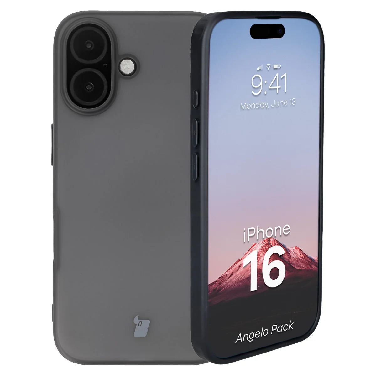Schutzhülle + gehärtetem Glas für iPhone 16, Bizon Angelo Pack, Getönte mit schwarzem Rahmen