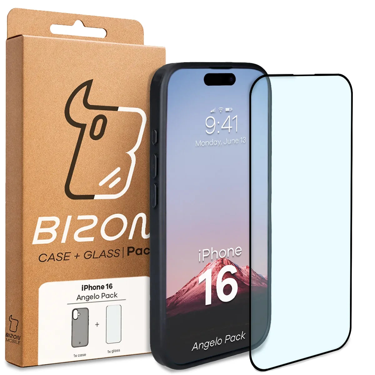 Schutzhülle + gehärtetem Glas für iPhone 16, Bizon Angelo Pack, Getönte mit schwarzem Rahmen