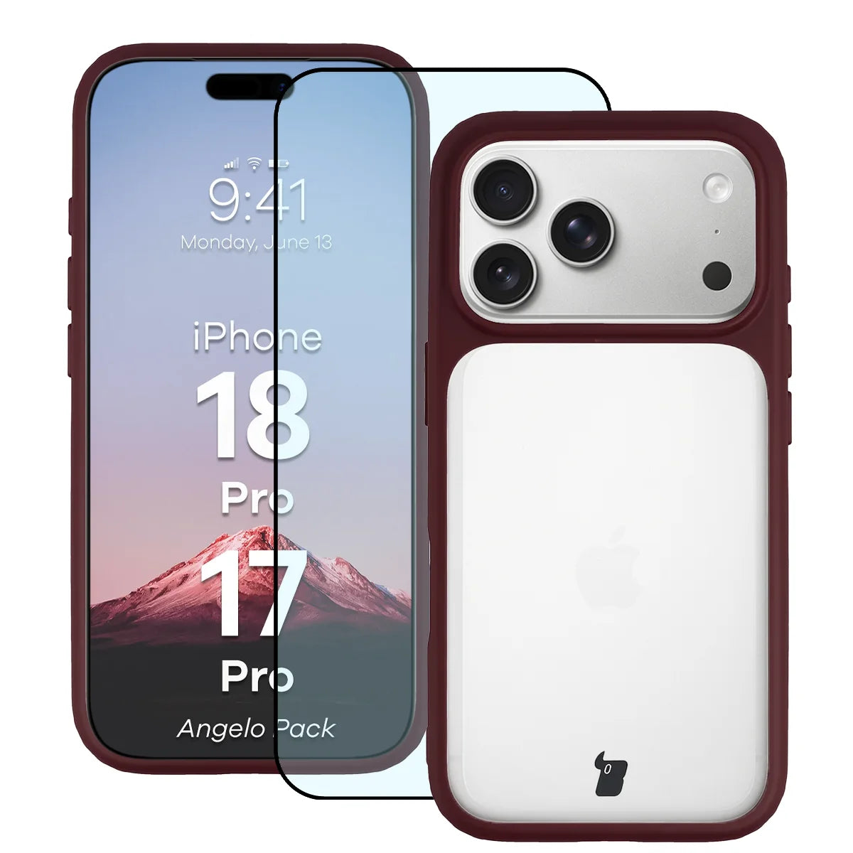 Schutzhülle + gehärtetem Glas für iPhone 18 Pro / 17 Pro, Bizon Angelo Pack, Semitransparent mit burgunderrotem Rahmen (1/8)