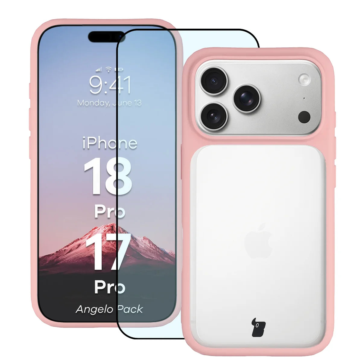 Schutzhülle + gehärtetem Glas für iPhone 18 Pro / 17 Pro, Bizon Angelo Pack, Semitransparent mit hellrosem Rahmen (1/8)