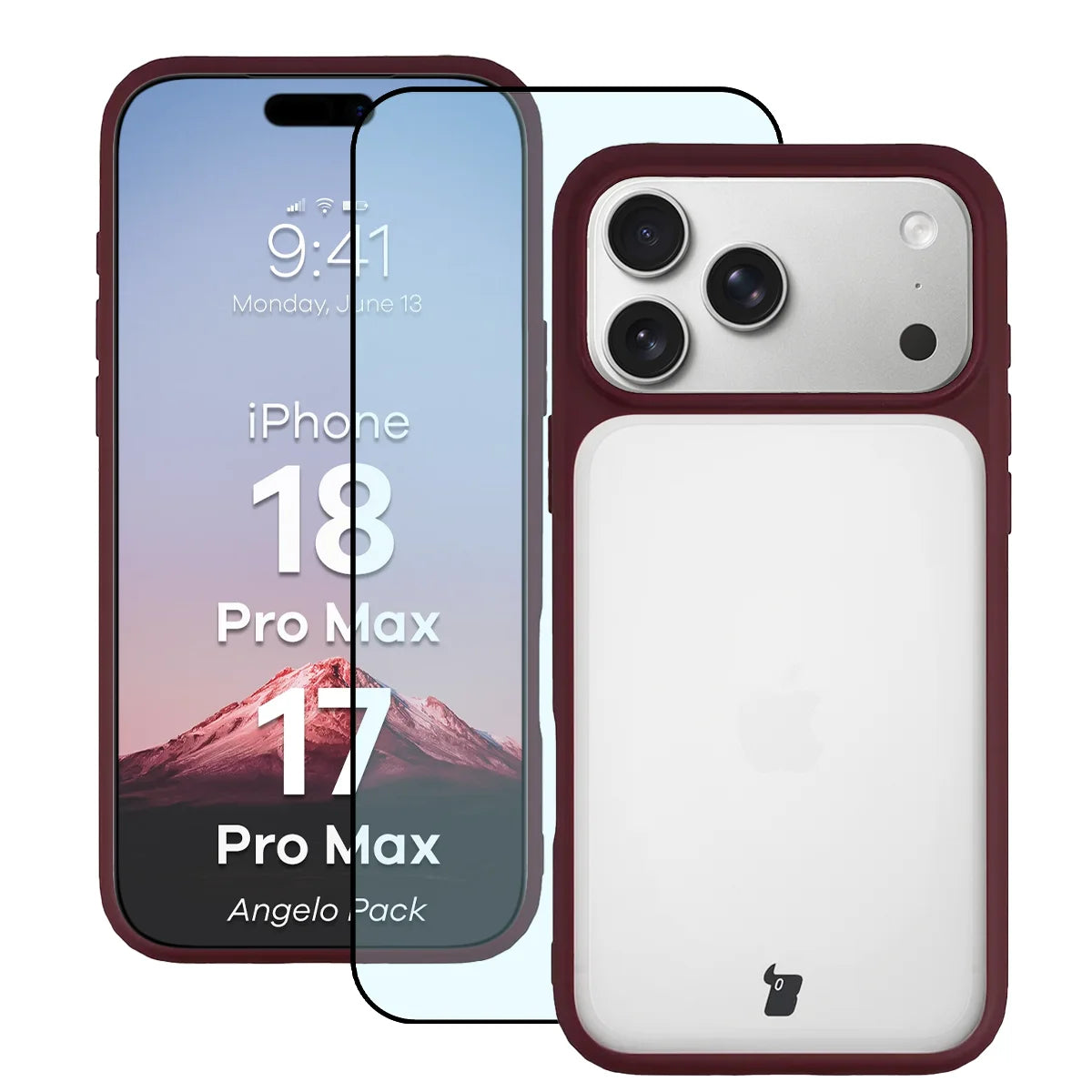 Schutzhülle + gehärtetem Glas für iPhone 18 Pro Max / 17 Pro Max, Bizon Angelo Pack, Semitransparent mit burgunderrotem Rahmen (1/8)