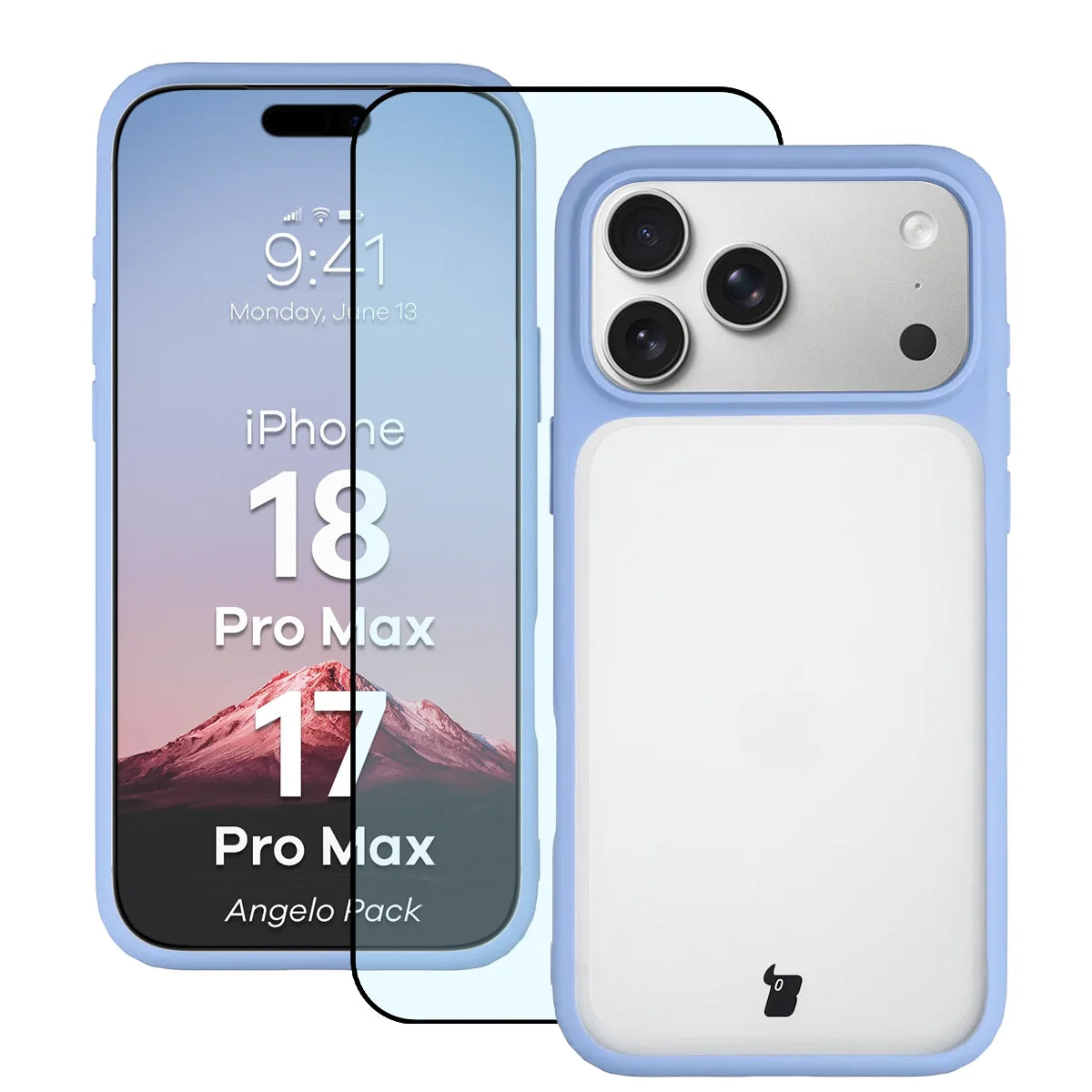 Schutzhülle + gehärtetem Glas für iPhone 18 Pro Max / 17 Pro Max, Bizon Angelo Pack, Semitransparent mit hellblauem Rahmen (1/8)