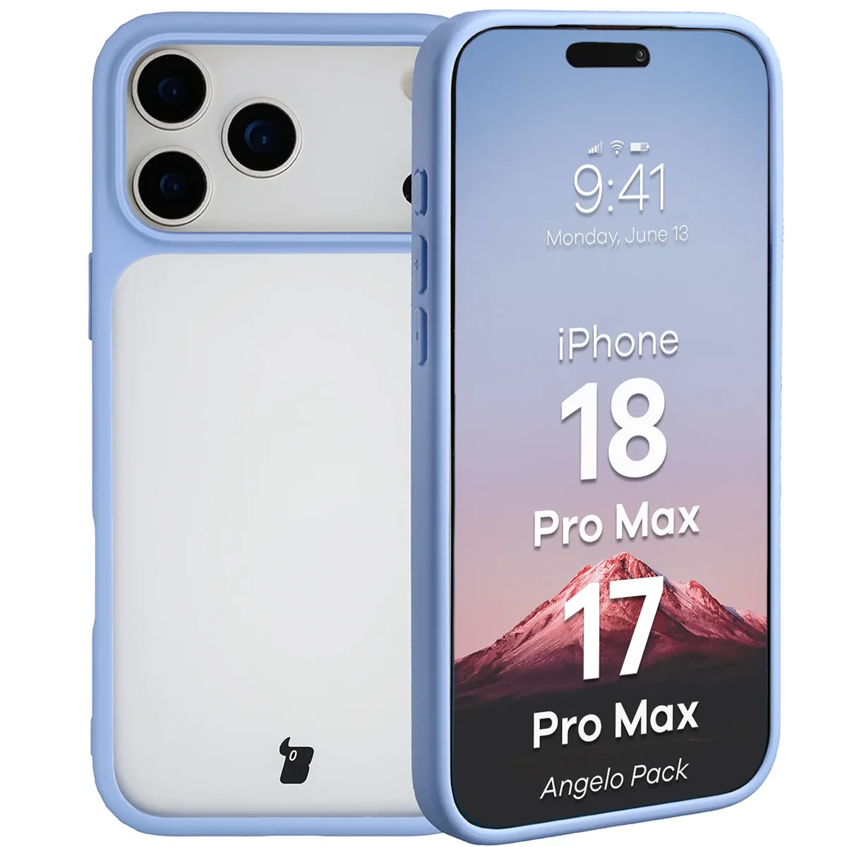 Schutzhülle + gehärtetem Glas für iPhone 18 Pro Max / 17 Pro Max, Bizon Angelo Pack, Semitransparent mit hellblauem Rahmen (3/8)