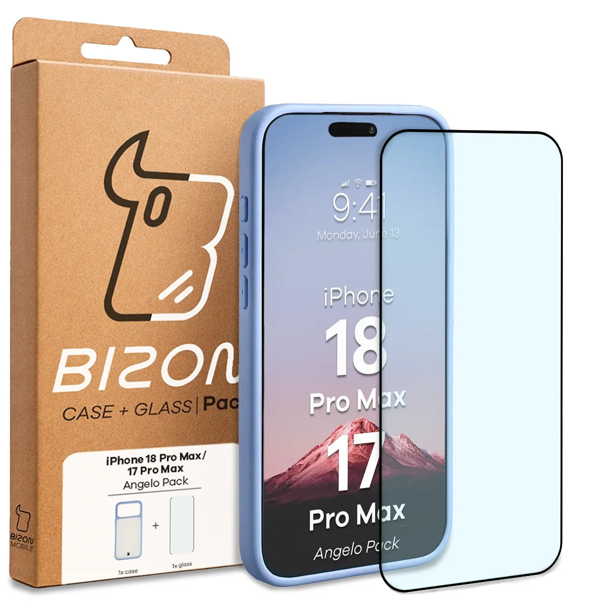 Schutzhülle + gehärtetem Glas für iPhone 18 Pro Max / 17 Pro Max, Bizon Angelo Pack, Semitransparent mit hellblauem Rahmen (7/7)