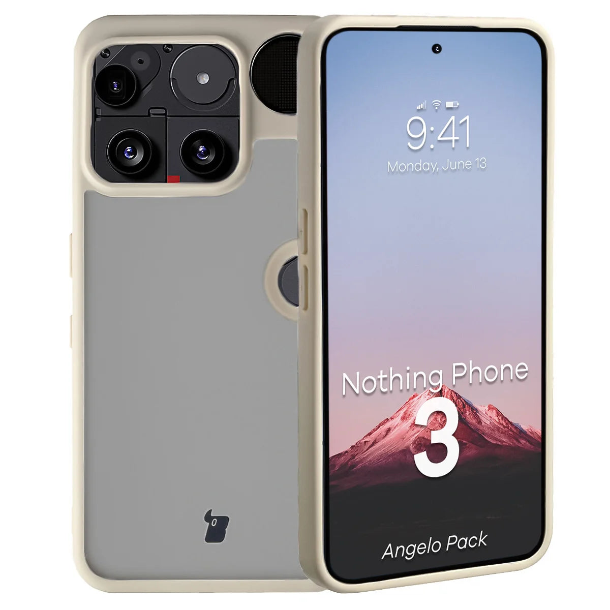 Schutzhülle + gehärtetem Glas für Nothing Phone (3), Bizon Angelo Pack, Semitransparent mit beigem Rahmen