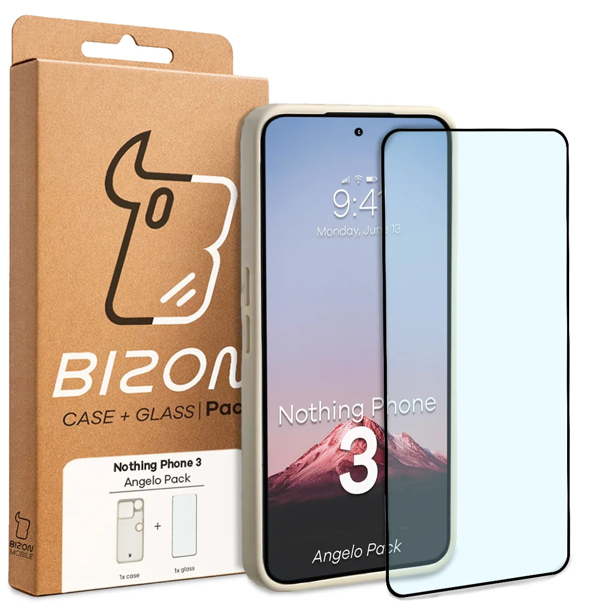 Schutzhülle + gehärtetem Glas für Nothing Phone (3), Bizon Angelo Pack, Semitransparent mit beigem Rahmen