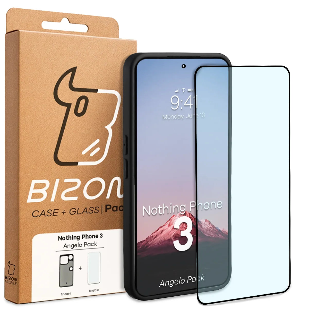 Schutzhülle + gehärtetem Glas für Nothing Phone (3), Bizon Angelo Pack, Getönte mit schwarzem Rahmen