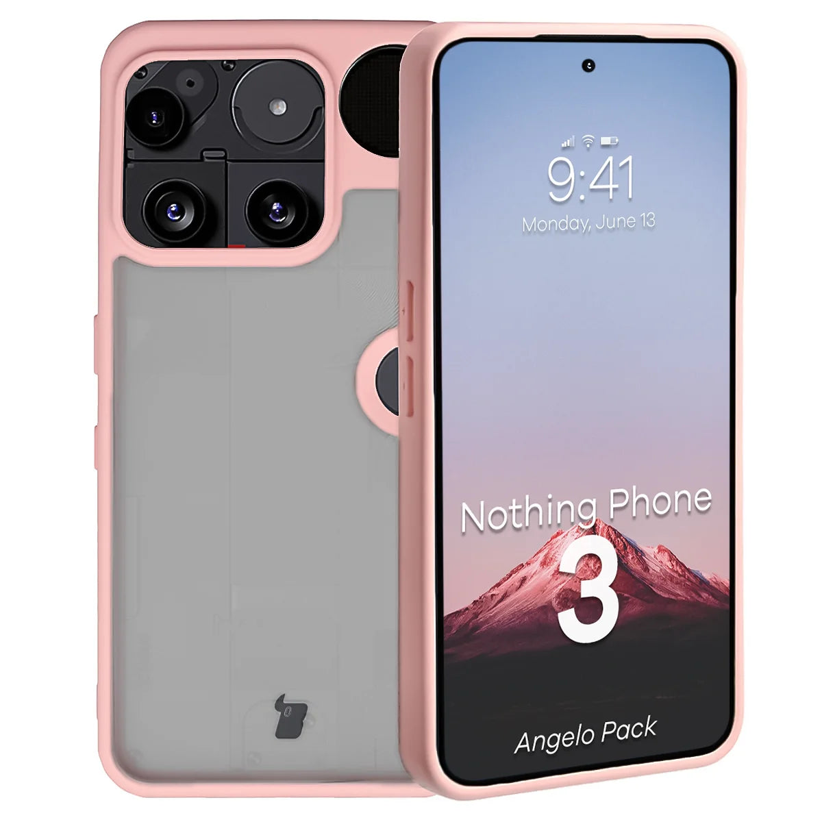 Schutzhülle + gehärtetem Glas für Nothing Phone (3), Bizon Angelo Pack, Semitransparent mit hellrosem Rahmen