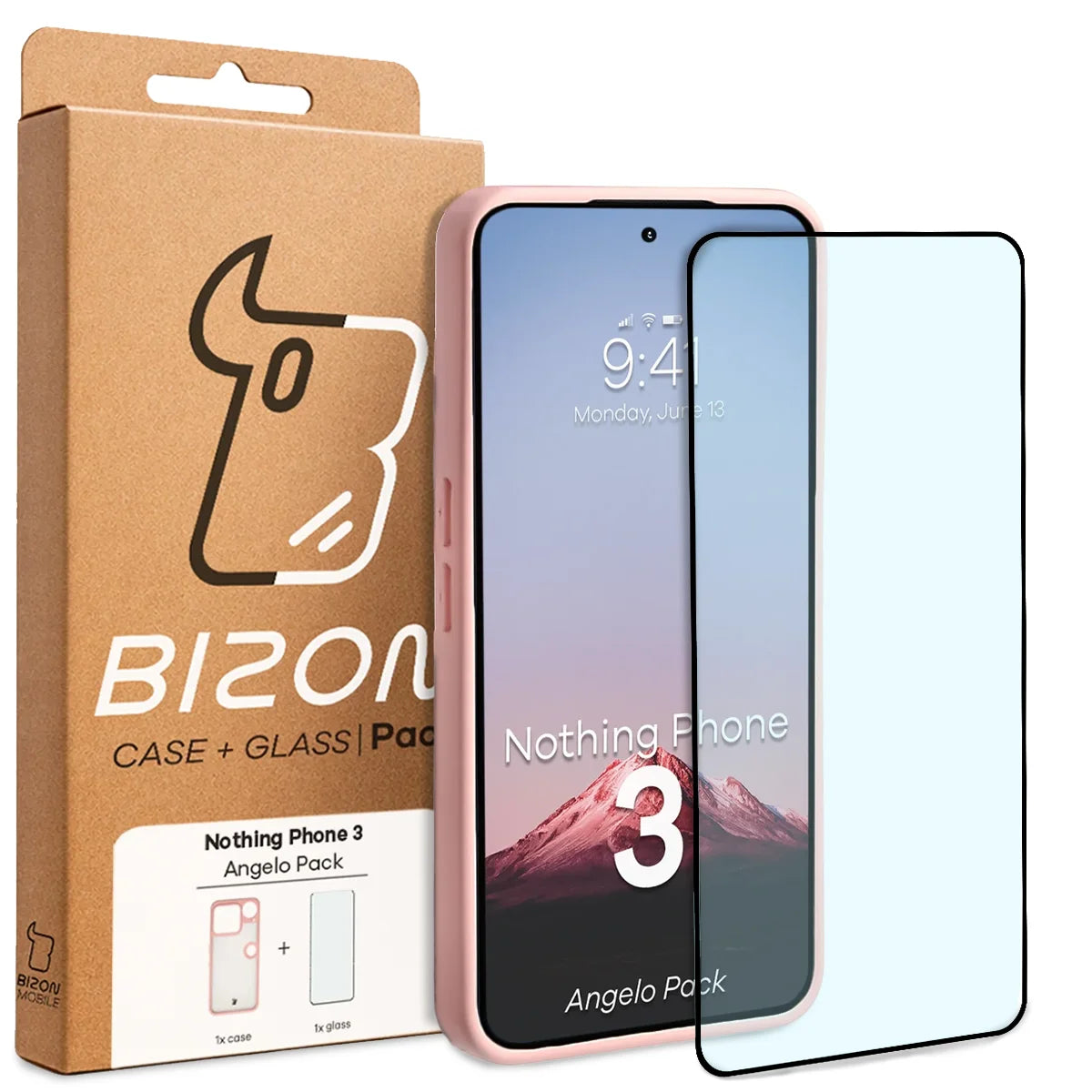 Schutzhülle + gehärtetem Glas für Nothing Phone (3), Bizon Angelo Pack, Semitransparent mit hellrosem Rahmen