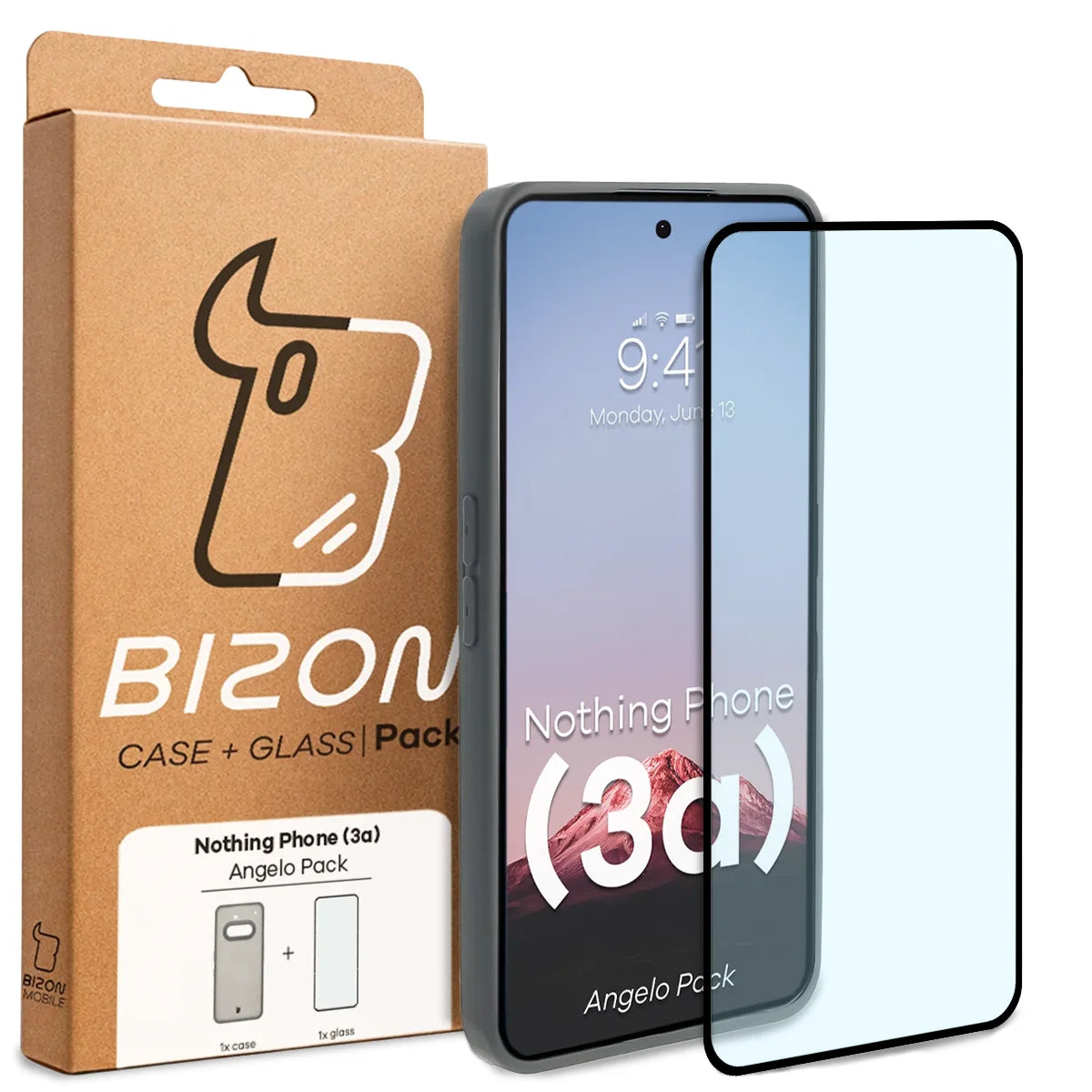 Schutzhülle + gehärtetem Glas für Nothing Phone (3a), Bizon Angelo Pack, Semitransparent mit grauem Rahmen