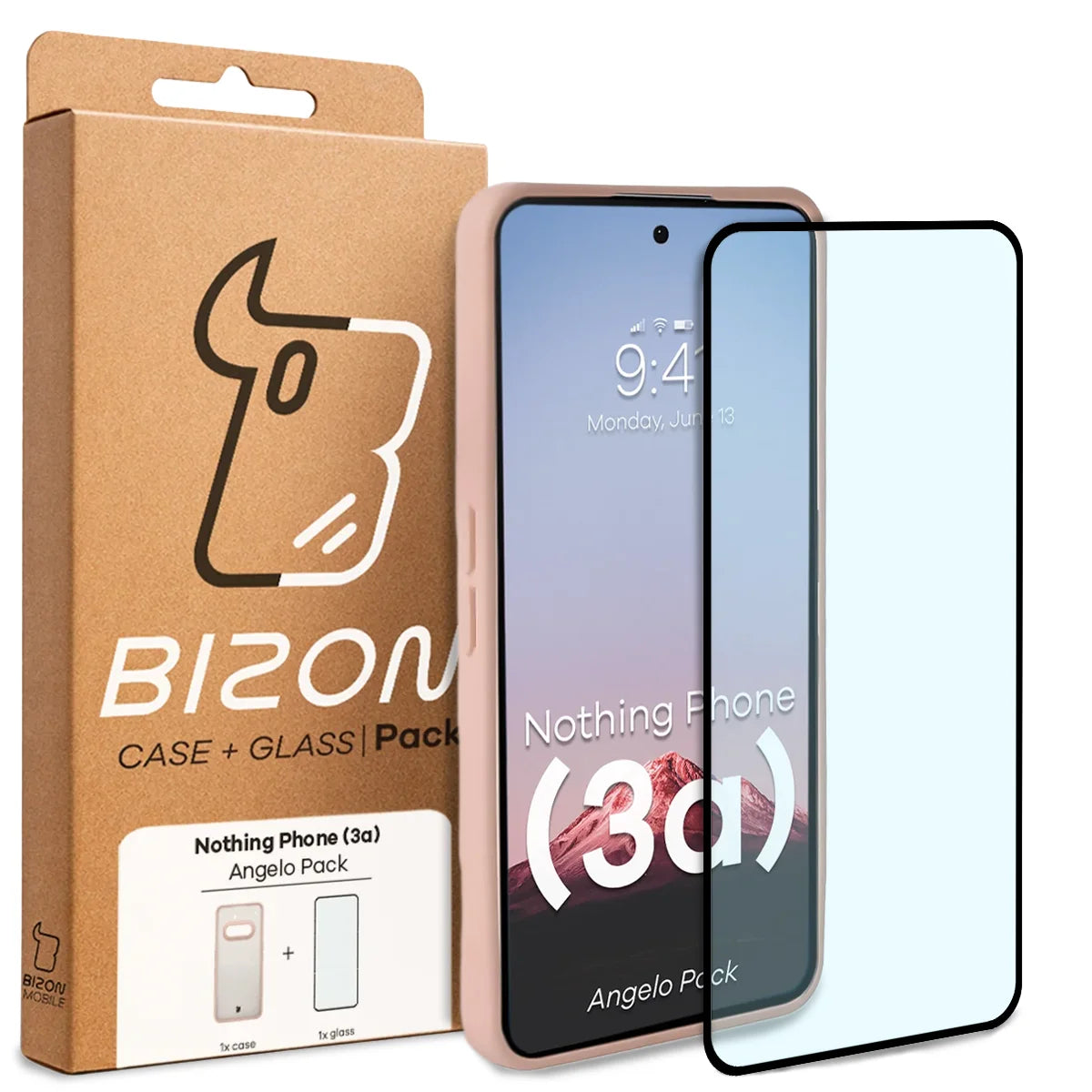 Schutzhülle + gehärtetem Glas für Nothing Phone (3a), Bizon Angelo Pack, Semitransparent mit rosem Rahmen