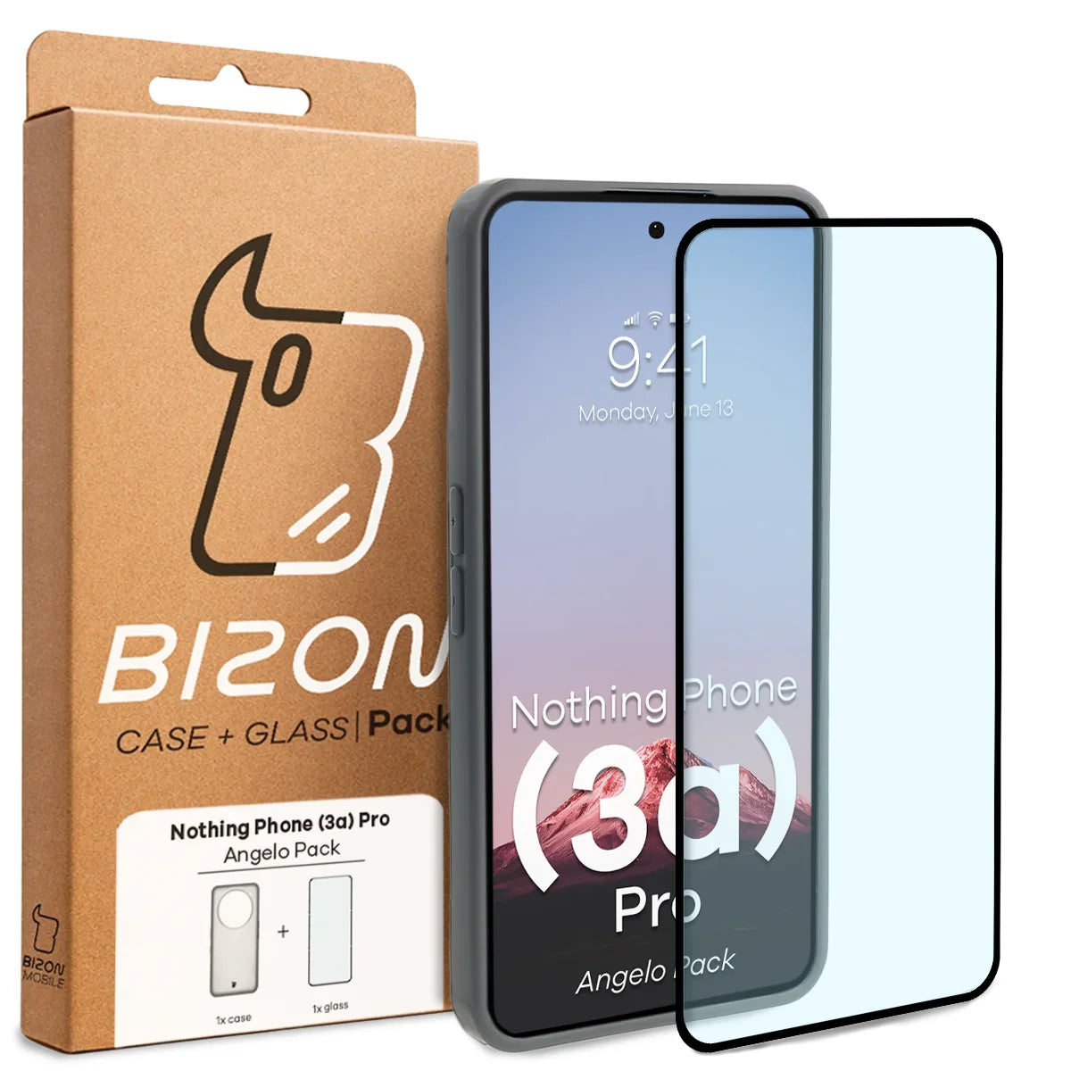Schutzhülle + gehärtetem Glas für Nothing Phone (3a) Pro, Bizon Angelo Pack, Semitransparent mit grauem Rahmen