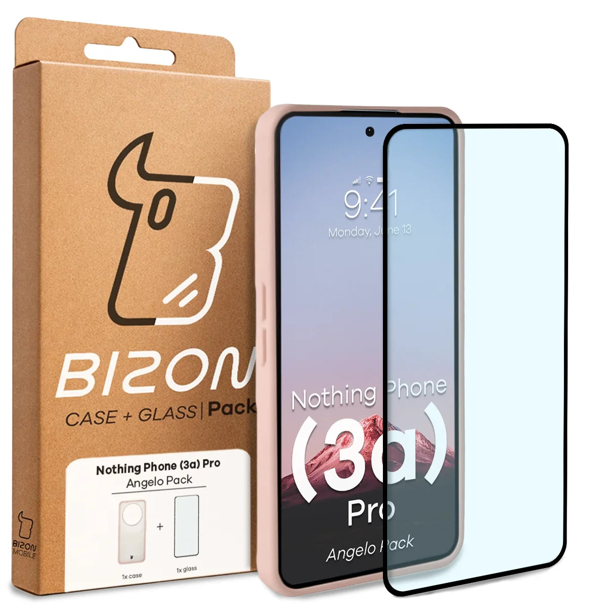 Schutzhülle + gehärtetem Glas für Nothing Phone (3a) Pro, Bizon Angelo Pack, Semitransparent mit rosem Rahmen