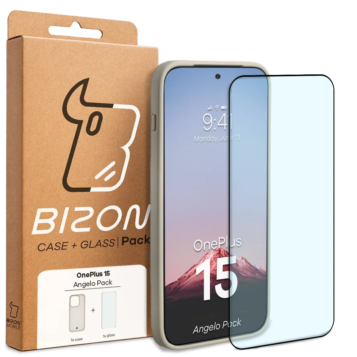 Schutzhülle + gehärtetem Glas für OnePlus 15, Bizon Angelo Pack, Semitransparent mit beigem Rahmen