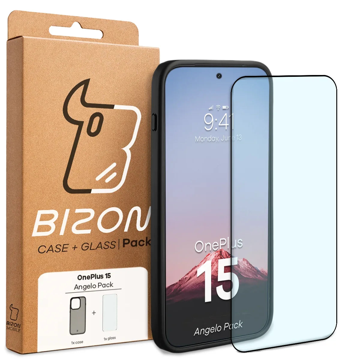 Schutzhülle + gehärtetem Glas Bizon Angelo Pack für OnePlus 15, Getönte mit schwarzem Rahmen