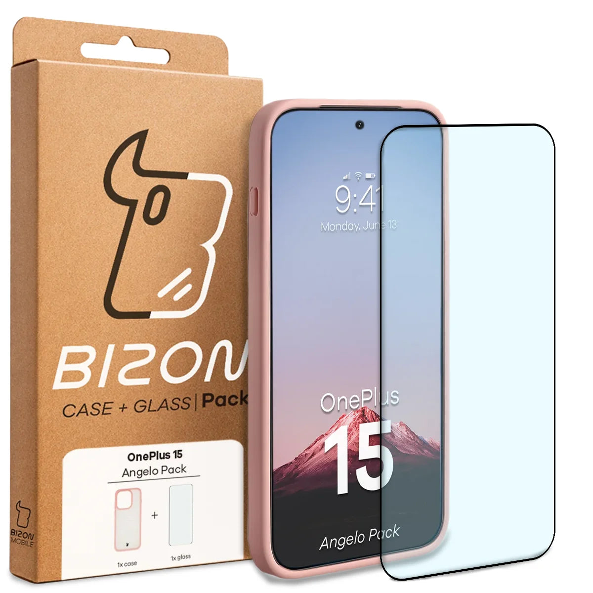 Schutzhülle + gehärtetem Glas für OnePlus 15, Bizon Angelo Pack, Semitransparent mit hellrosem Rahmen