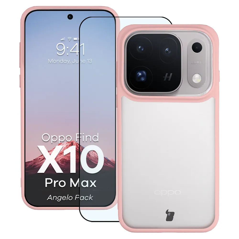 Schutzhülle + gehärtetem Glas für OPPO Find X10 Pro Max, Bizon Angelo Pack, Semitransparent mit hellrosem Rahmen (1/8)