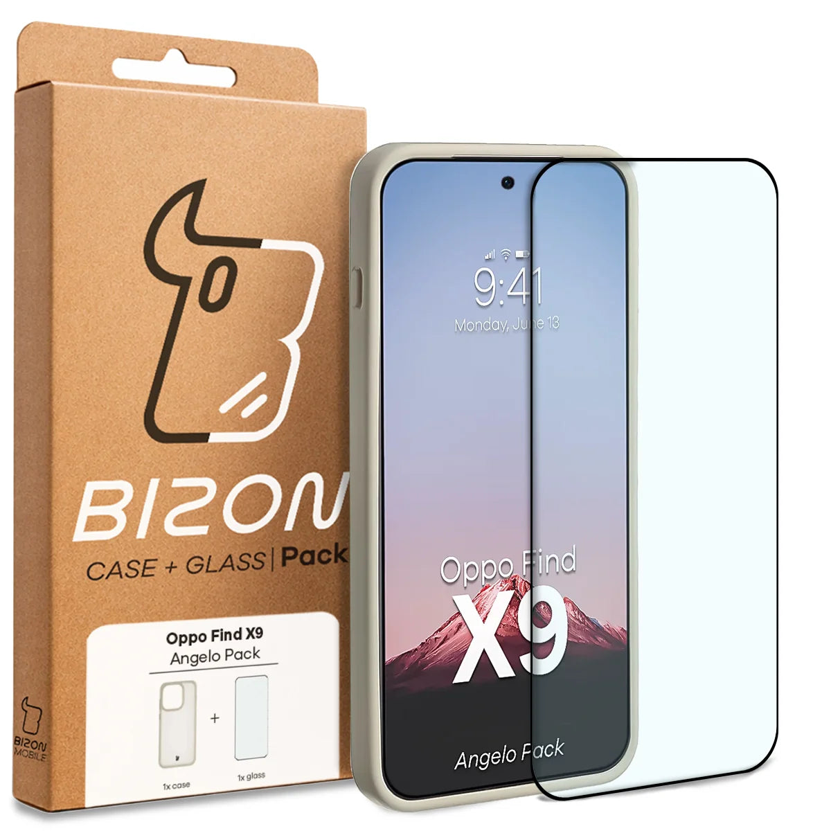 Schutzhülle + gehärtetem Glas für Oppo Find X9, Bizon Angelo Pack, Semitransparent mit beigem Rahmen