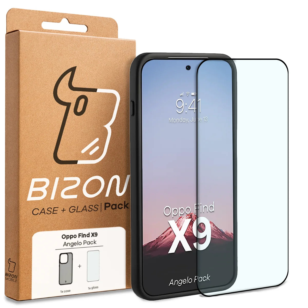 Schutzhülle + gehärtetem Glas Bizon Angelo Pack für Oppo Find X9, Getönte mit schwarzem Rahmen