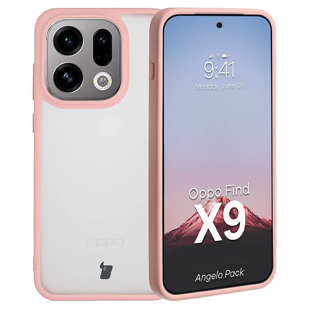 Schutzhülle + gehärtetem Glas für Oppo Find X9, Bizon Angelo Pack, Semitransparent mit hellrosem Rahmen