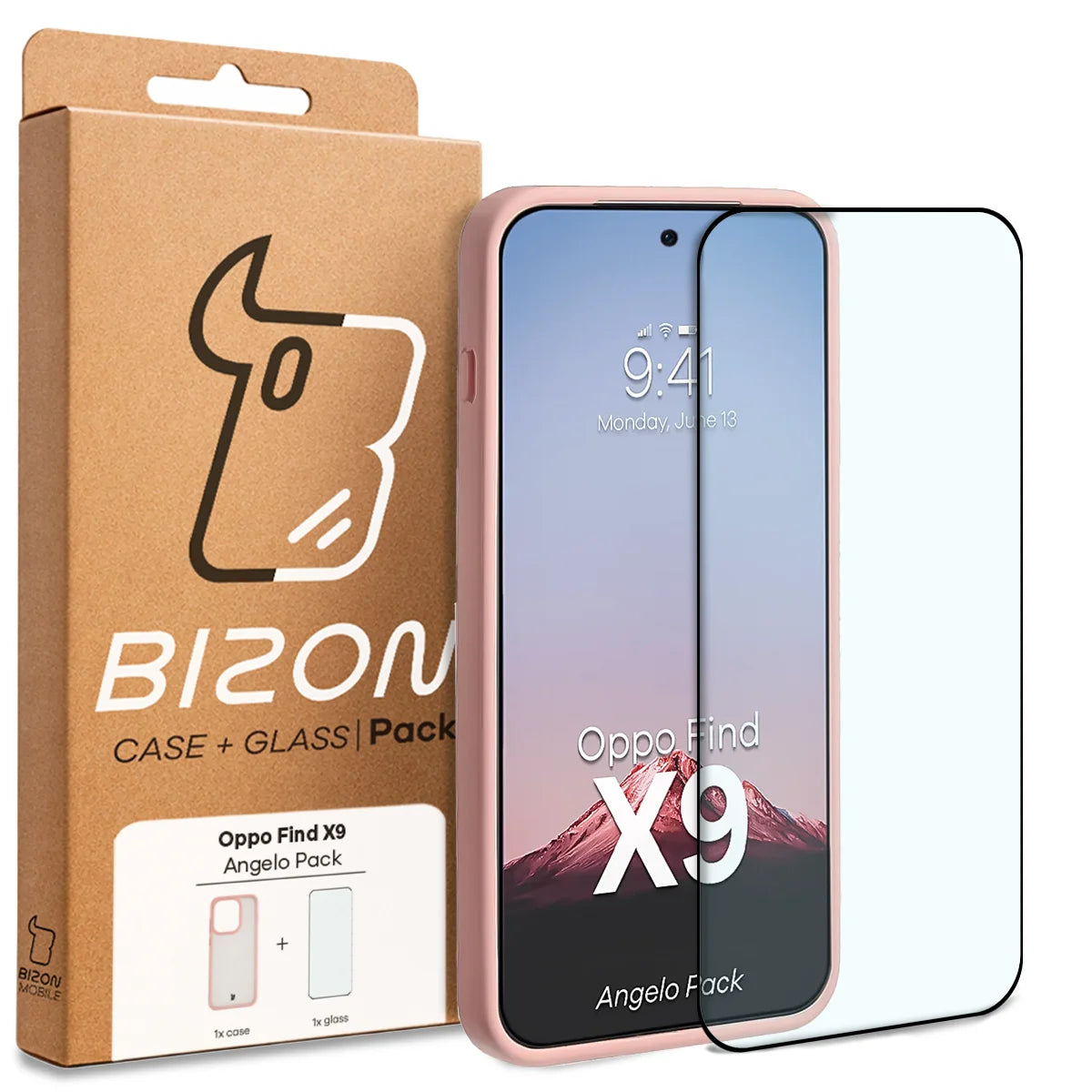 Schutzhülle + gehärtetem Glas für Oppo Find X9, Bizon Angelo Pack, Semitransparent mit hellrosem Rahmen