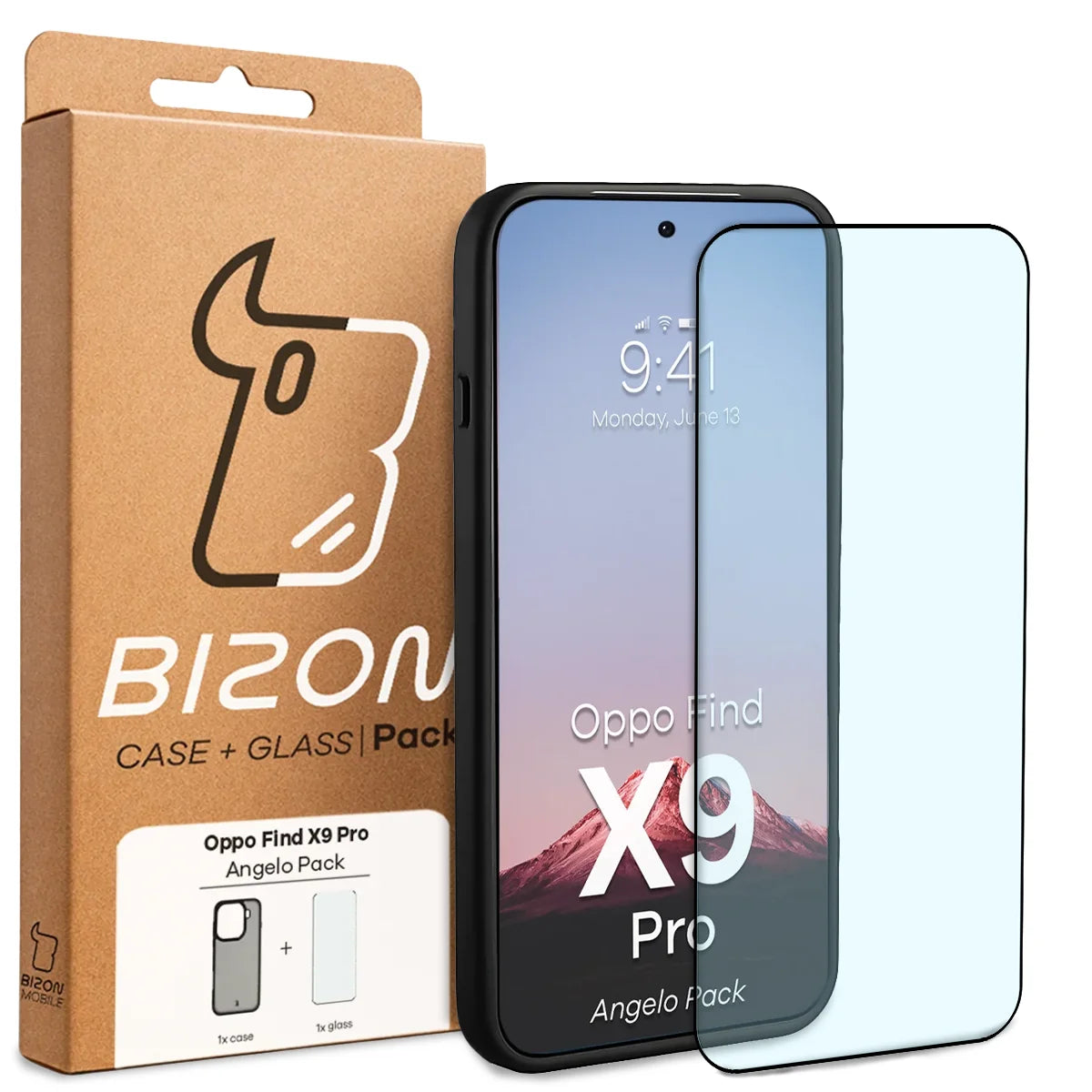 Schutzhülle + gehärtetem Glas für Oppo Find X9 Pro, Bizon Angelo Pack, Getönte mit schwarzem Rahmen