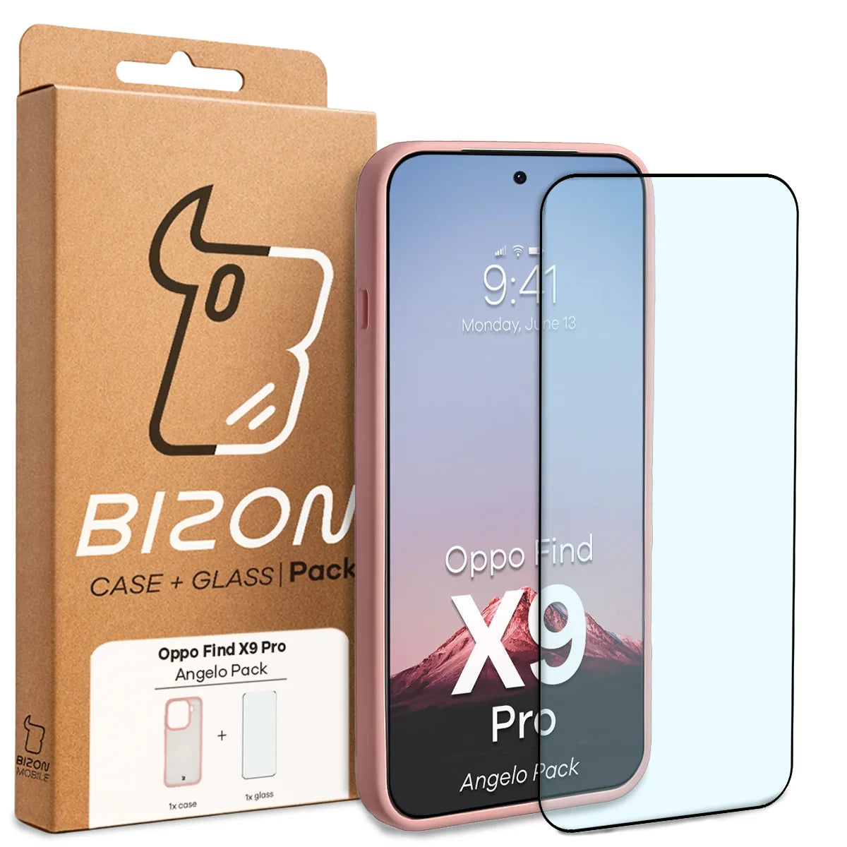 Schutzhülle + gehärtetem Glas für Oppo Find X9 Pro, Bizon Angelo Pack, Semitransparent mit hellrosem Rahmen