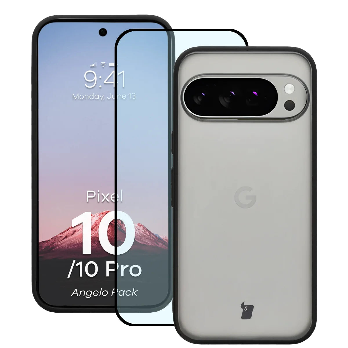 Schutzhülle + gehärtetem Glas für Google Pixel 10 / 10 Pro, Bizon Angelo Pack, Getönte mit schwarzem Rahmen