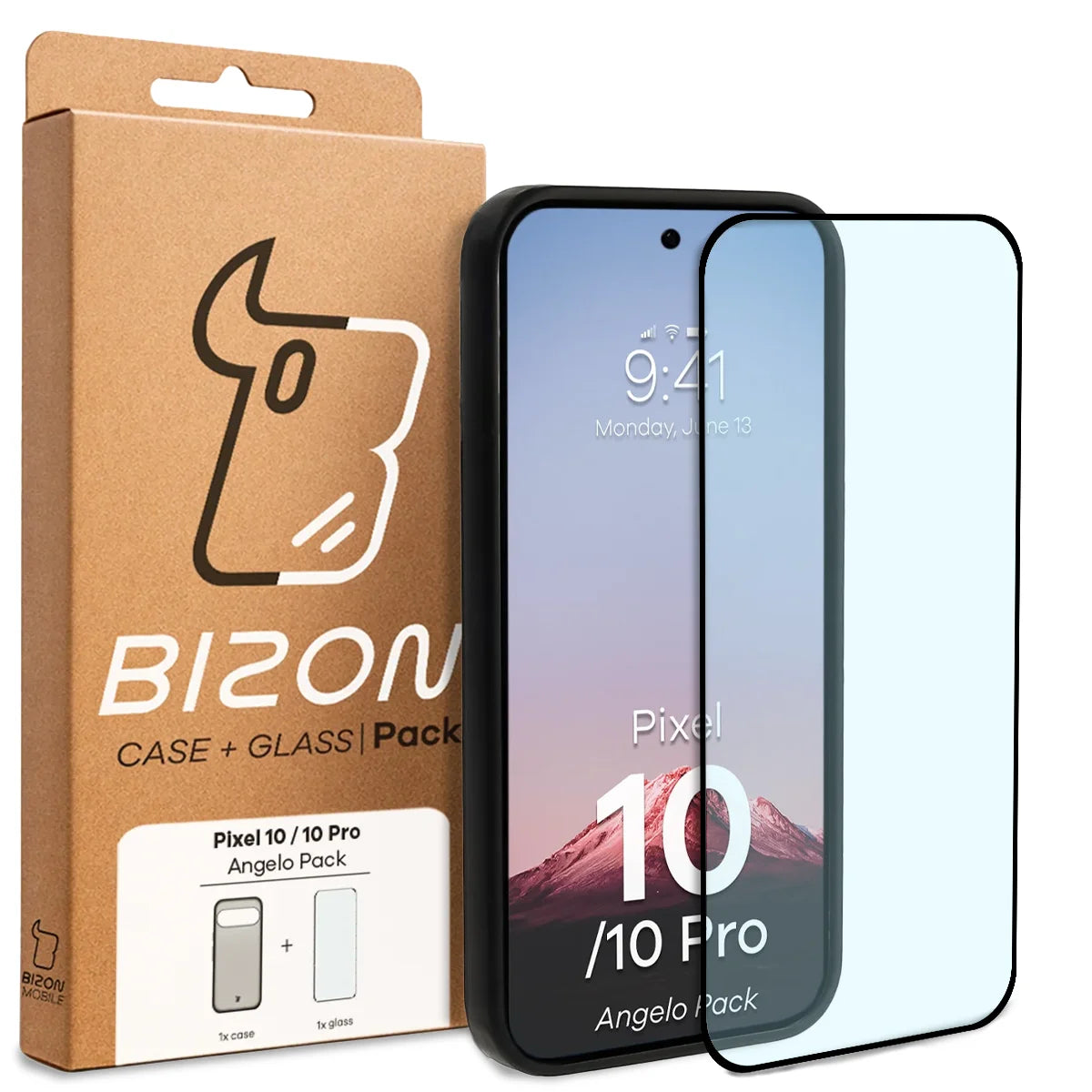 Schutzhülle + gehärtetem Glas für Google Pixel 10 / 10 Pro, Bizon Angelo Pack, Getönte mit schwarzem Rahmen