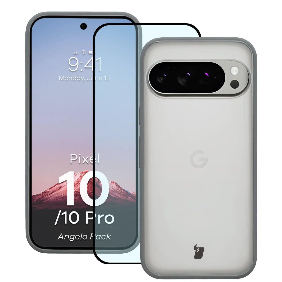 Schutzhülle + gehärtetem Glas für Google Pixel 10 / 10 Pro, Bizon Angelo Pack, Semitransparent mit grauem Rahmen